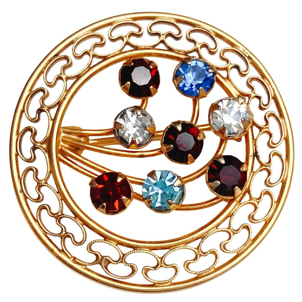 VTG Signed Carla 12K GF Multicolor Rhinestone Circle Brooch 1960s Spray Pin